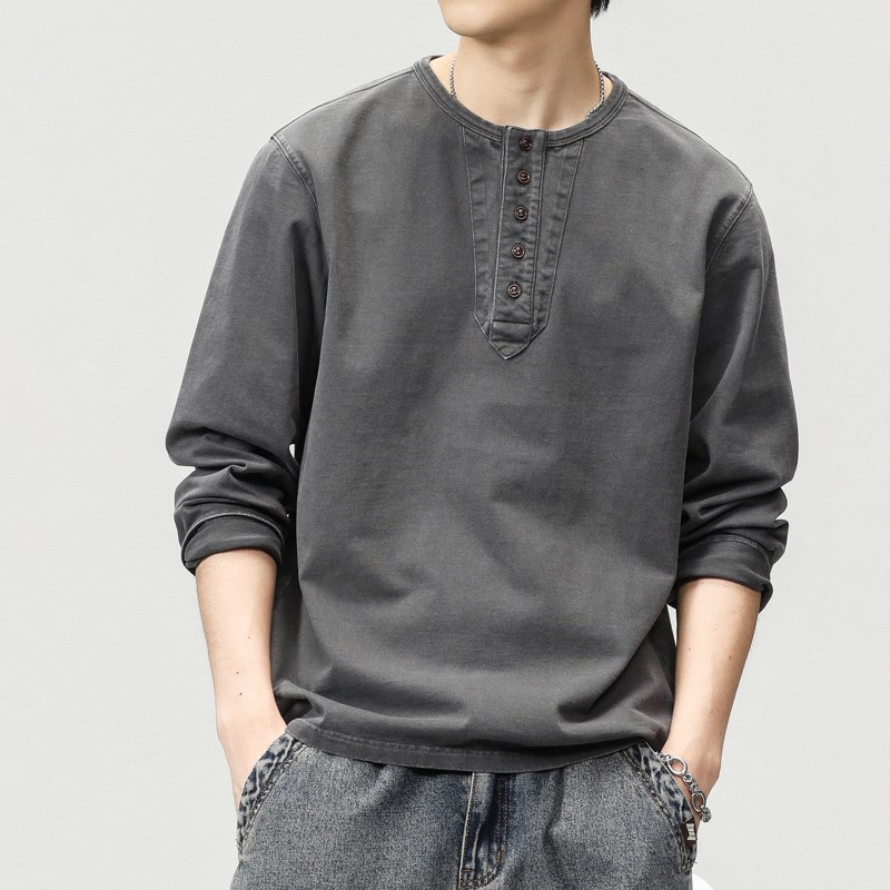 格蓝鹿高端复古长袖t恤男春季宽松新款纯棉硬汉亨利领打底衫上衣