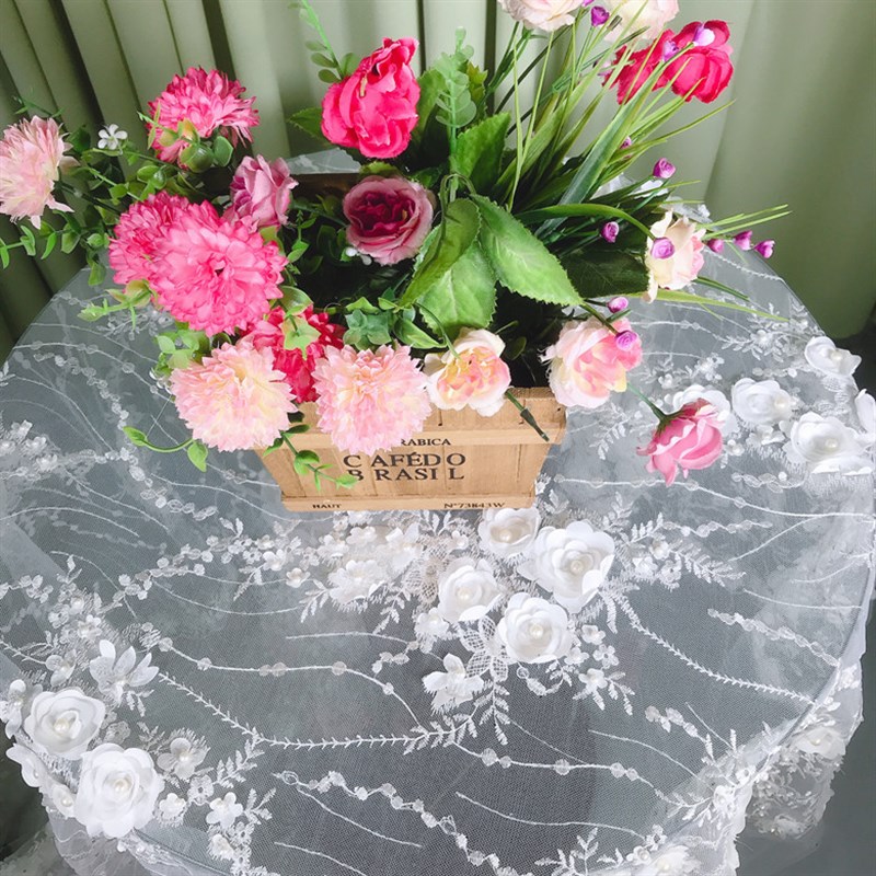 法式轻奢立体手工钉珠盖巾防尘布床头柜荷叶边桌布隔断门帘子定制