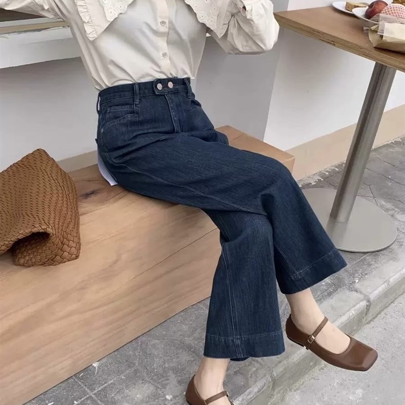 富尔大码定制女装微胖复古水洗双扣牛仔秋宽松显瘦直筒九分阔腿裤