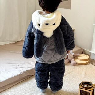 冬季新款儿童睡衣男女童三层夹棉加绒加厚睡衣可爱卡通家居服套装