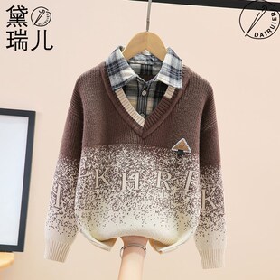 男童毛衣假两件中大童2024新款针织衫儿童秋冬线衣加绒加厚男孩潮