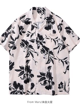 From Mars 黑白相扣 港风复古满印短袖衬衫男女夏季宽松休闲上衣