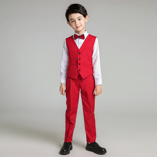 男童小西服男孩马甲套装儿童礼服钢琴演出服模特走秀表演服装红色