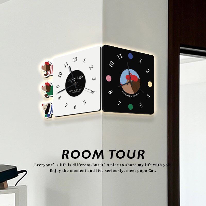 多巴胺客厅转角双面挂钟奶油风腊肠小狗创意时钟壁灯拐角钟表挂墙