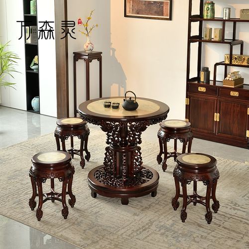 万森灵【百灵台圆桌】红木圆台圆茶桌雕花中式云石餐桌凳组合家具