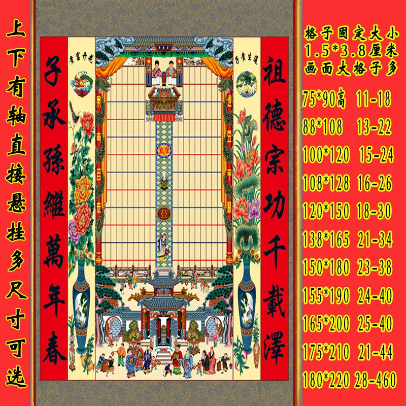 不褪色供奉祖先老祖宗家谱挂画卷轴老式家堂轴子宗族谱祠堂世系图