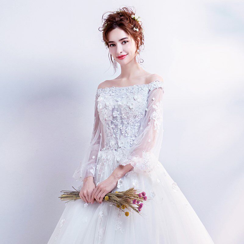 【天使嫁衣】法式长袖公主新娘修身显瘦齐地婚纱礼服 6186t