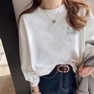 白色纯棉长袖t恤女装秋冬高级感加绒内搭打底衫甜辣胖mm大码上衣