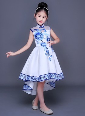 新款女童连衣裙公主裙表演服装儿童中国风裙青花瓷古筝演出服套装
