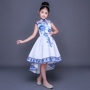新款女童连衣裙公主裙表演服装儿童中国风裙青花瓷古筝演出服套装