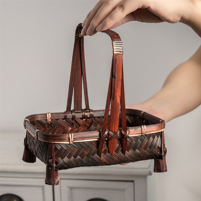 竹编复古编织篮子手提篮桌面创意手工小竹篮家用茶点水果糕点托盘