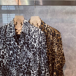 韩国东大门豹纹衬衫男欧美风穿搭宽松长袖个性发型师花衬衣薄外套