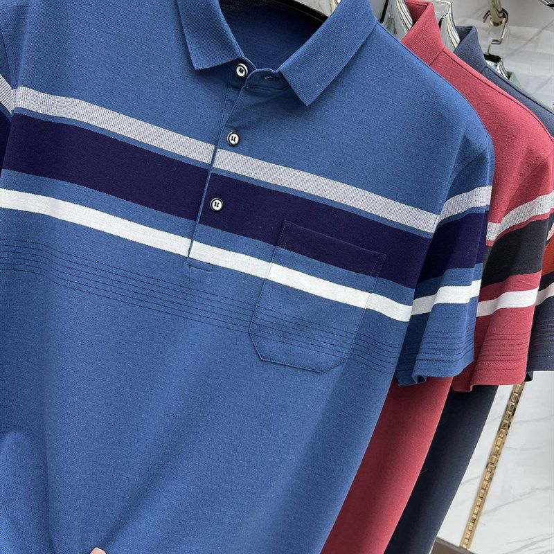 短袖纯棉翻领中老年男有口袋T恤 爸爸休闲宽松夏POLO衫珠花棉上衣