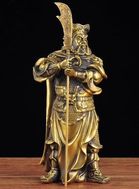 黄铜周仓摆件神像关公二弟子站像家用供奉佛像客厅玄关铜像工艺品