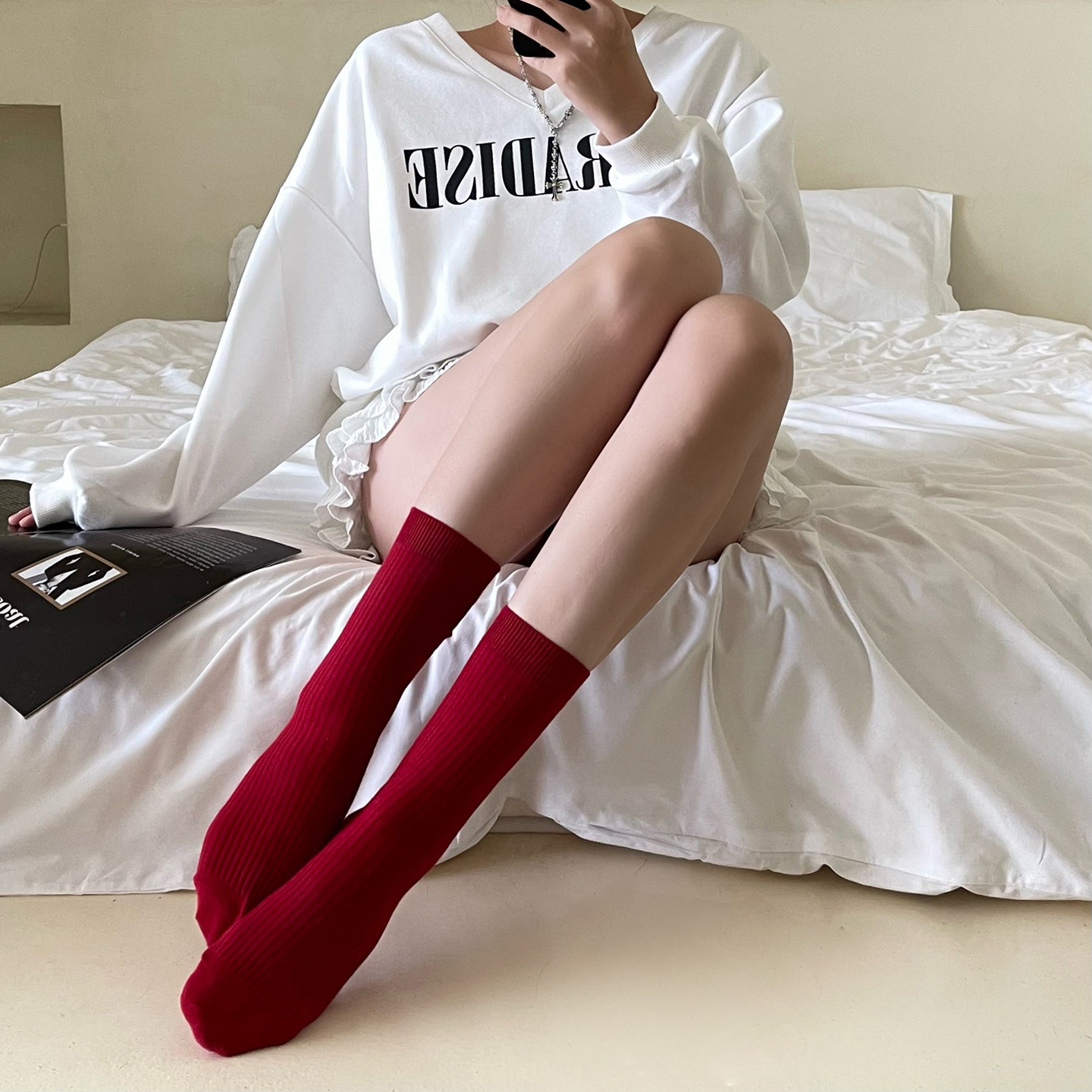 辣妹安哥拉红袜子女纯棉透气新年中筒袜红色本命年百搭圣诞堆堆袜