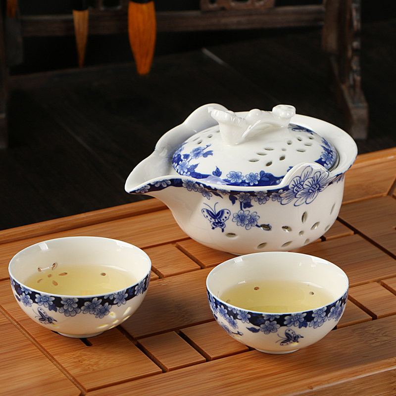 镂空玲珑陶瓷快客杯一壶二两杯旅行便捷茶具套装办公室青花瓷茶壶