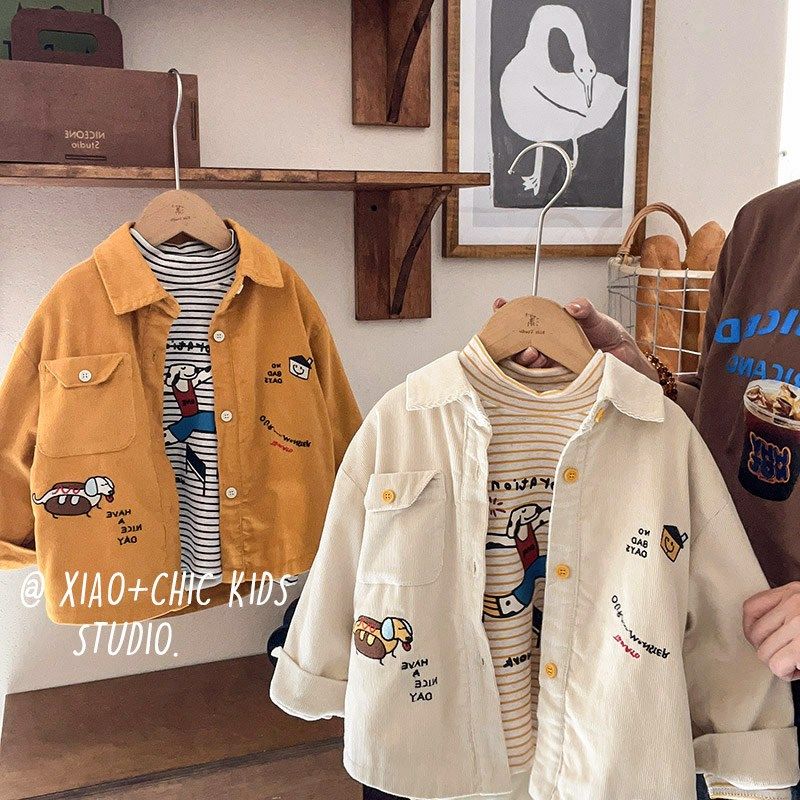 柔软好穿~儿童冬款绣花口袋灯芯绒加绒衬衫男童秋冬宝宝内搭上衣