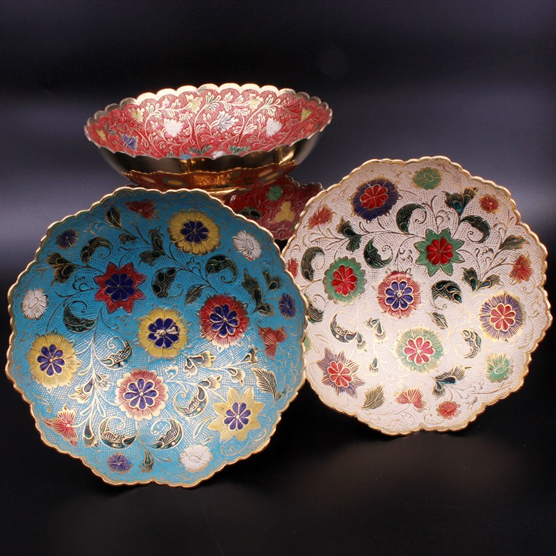 中式复古纯铜手绘漆彩干果零食盘中国风供果盘家用茶几高档铜摆盘