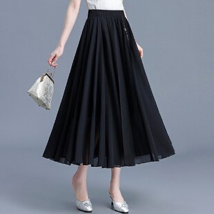 高腰百褶大摆垂感a字裙子 2024新款 中国风雪纺半身裙女夏季 中长款