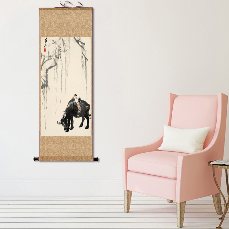 李可染牧牛图卷轴画水墨画高清微喷挂画装饰国画绢画宣纸画新中式