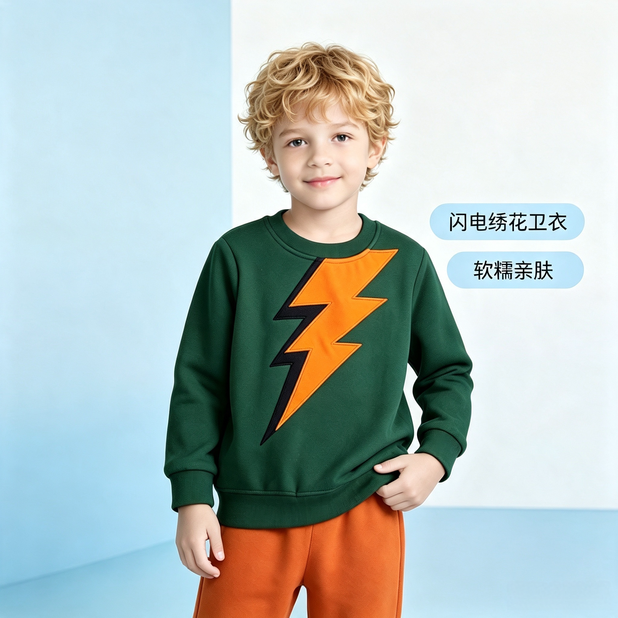 2026秋季新款欧美风闪电印花男童卫衣针织棉火箭印花中小童运动衫