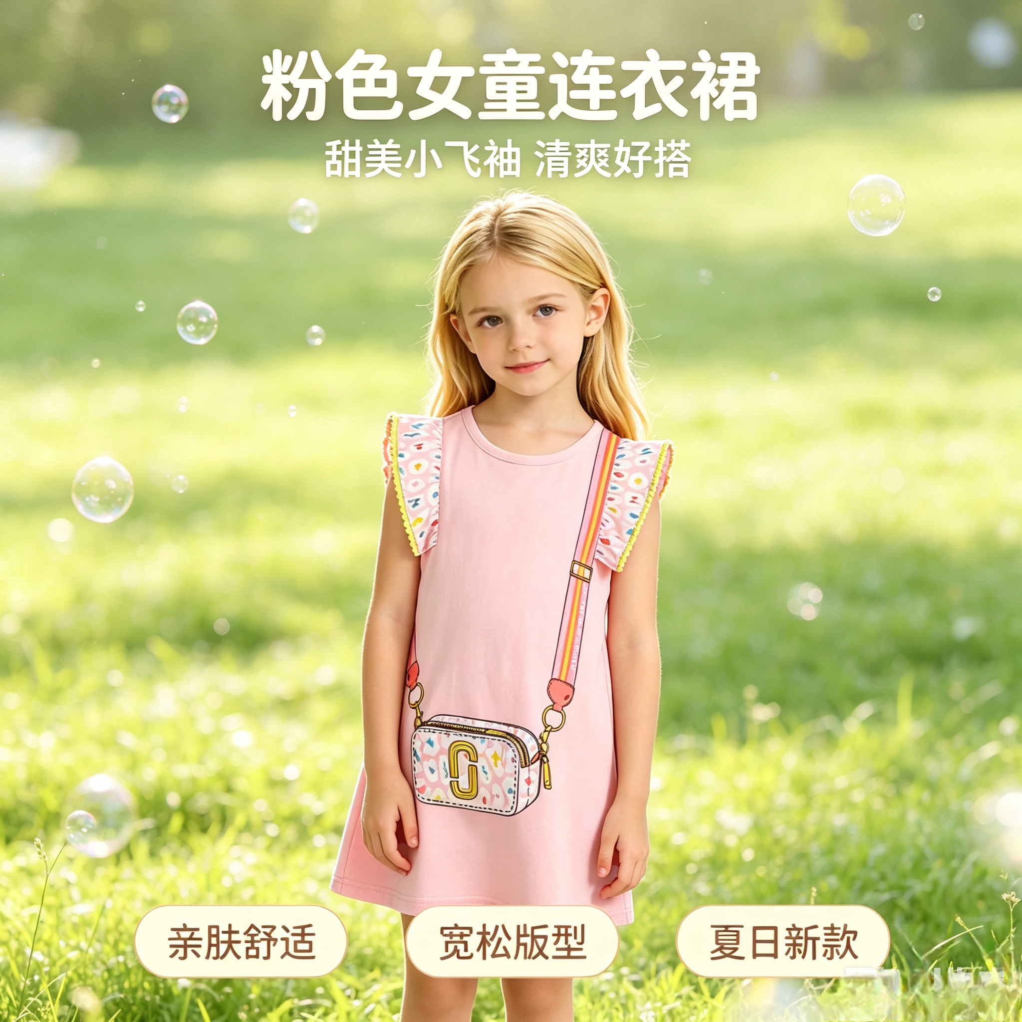 儿童夏季连衣裙女童夏季公主裙纯棉条纹卡通包包summer girldress