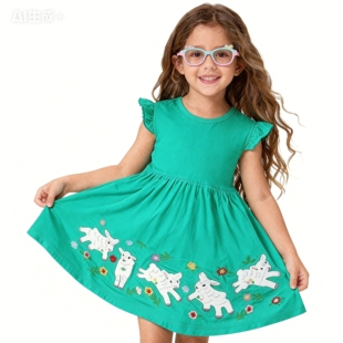 夏季女童连衣裙动物绣花圆领公主裙针织棉飞袖summer girl dress