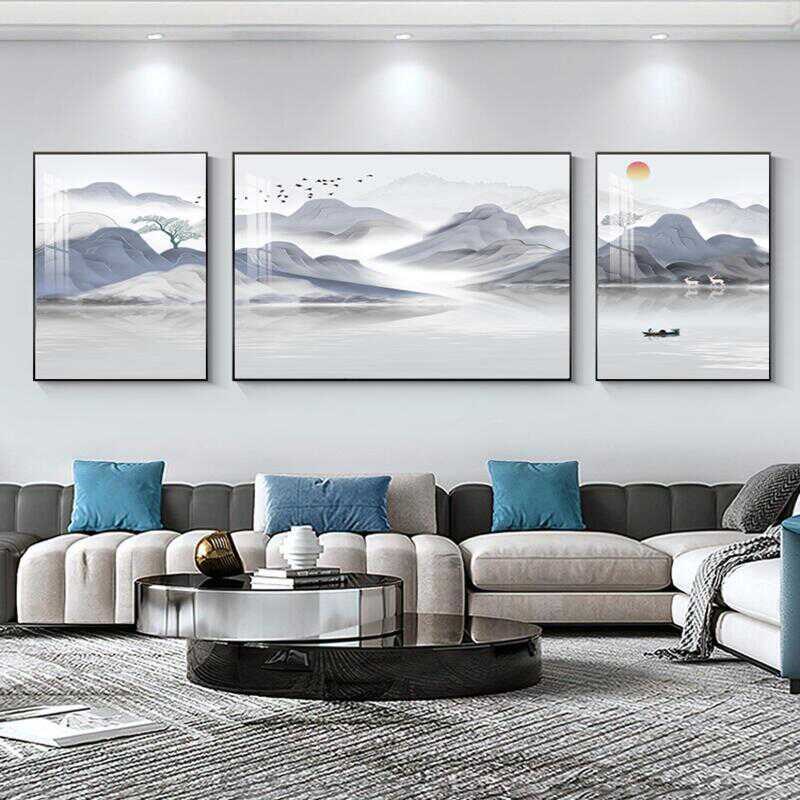 客厅装饰画山水画挂画大气高端沙发背景墙壁画现代简约家庭三联画