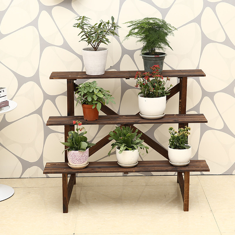 实木花架炭化防腐木展示架置物架三层加厚阶梯花架花木盆景架