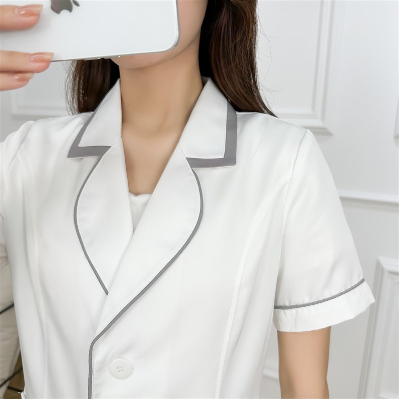 美容院高端工作服女医美纹绣美容师中短袖夏季皮肤管理薄款白大褂