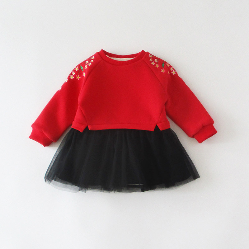 小女童宝宝红色连衣裙冬季婴儿童秋冬装公主卫衣服裙子洋气加绒厚
