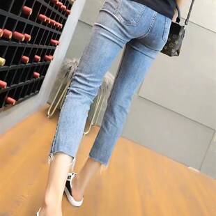九分烟管牛仔裤女夏季小个子显瘦新款高腰显瘦弹力女士七分直筒裤