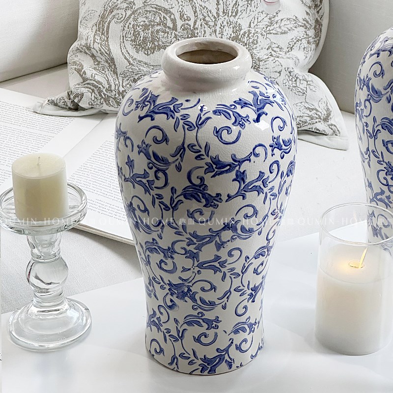 蓝钩藤敞口艺术花瓶创意客栈复古田园风陶瓷摆件家居饰品插花干花