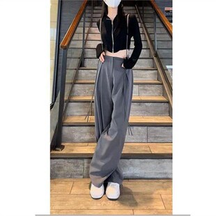 裤 吊带高腰垂感拖地阔腿裤 女2022春季 宽松绑带休闲裤 新款 背带西装