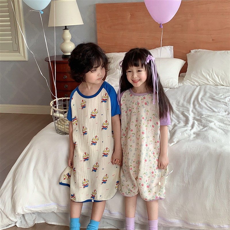 夏季薄款儿童短袖睡袋双层纯棉纱布防踢被空调房睡衣男女童连体衣