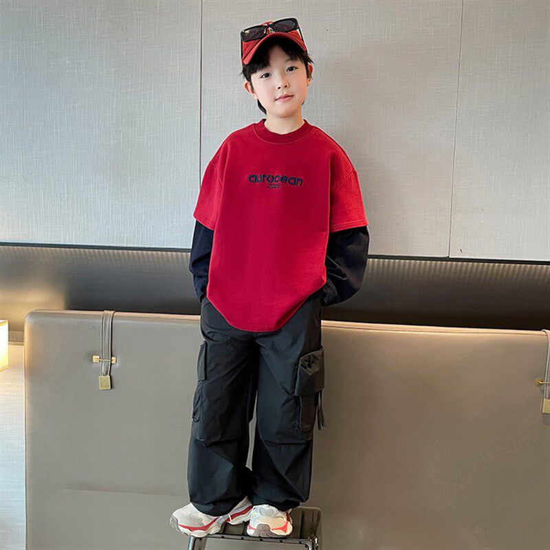 男女童洋气假两件拼接卫衣春秋款儿童宽松纯棉打底衫长袖T恤上衣