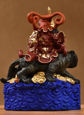 实木雕刻彩绘骑虎赵公明神像摆件新中式武财神家居客厅办公装饰品