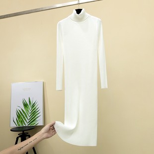 针织连衣裙女秋冬长款加厚气质过膝毛衣裙长袖修身高领内搭打底裙