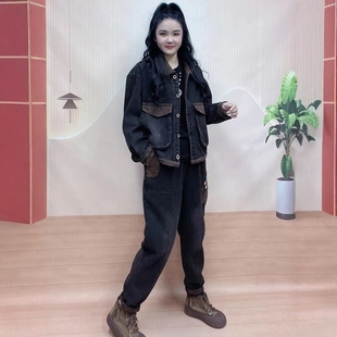 套装 2024秋冬新款 加绒休闲贴布牛仔外套两件套复古洋气显瘦老爹裤