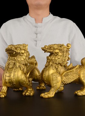 黄铜貔貅摆件招客厅入户貔貅公母一对财家用办公室大号天禄铜皮丘