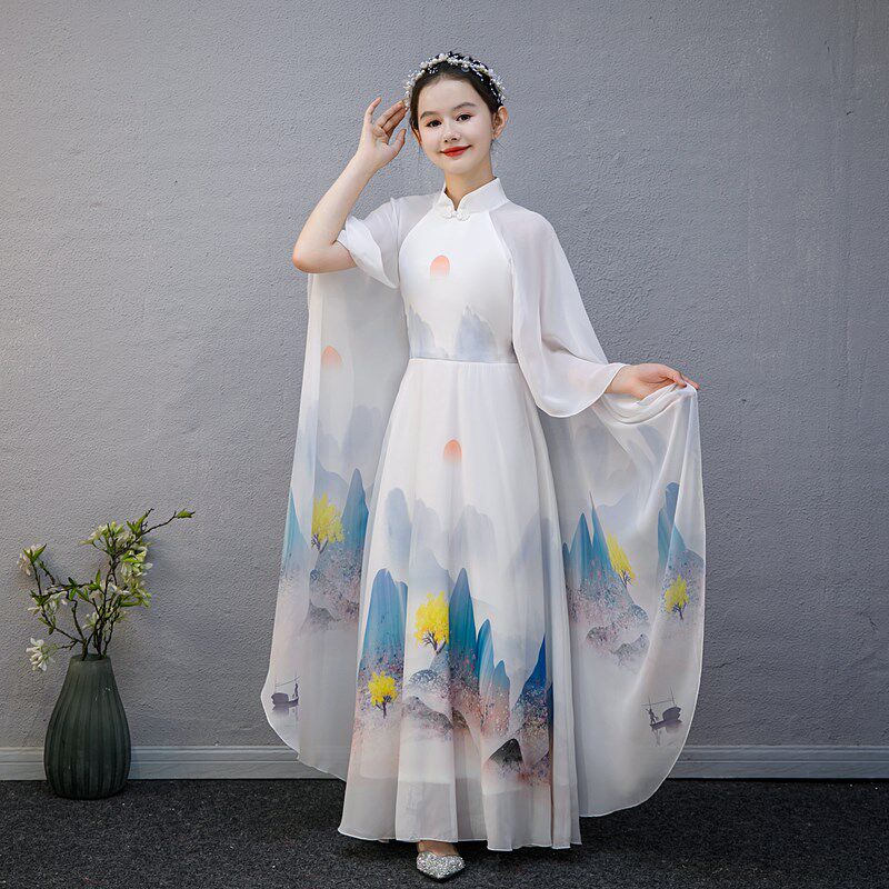 新款汉服女童古筝演出服山水画合唱中国风儿童演奏朗诵比赛表演服