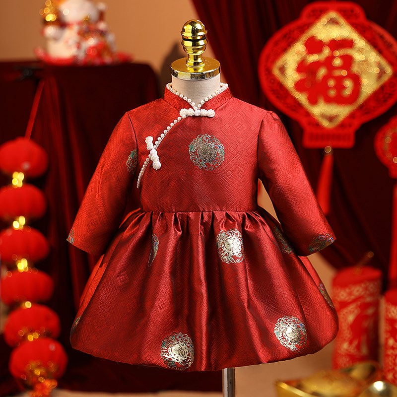 中国风一周岁女宝宝礼服公主裙中式儿童旗袍红色婴儿抓周宴会唐装