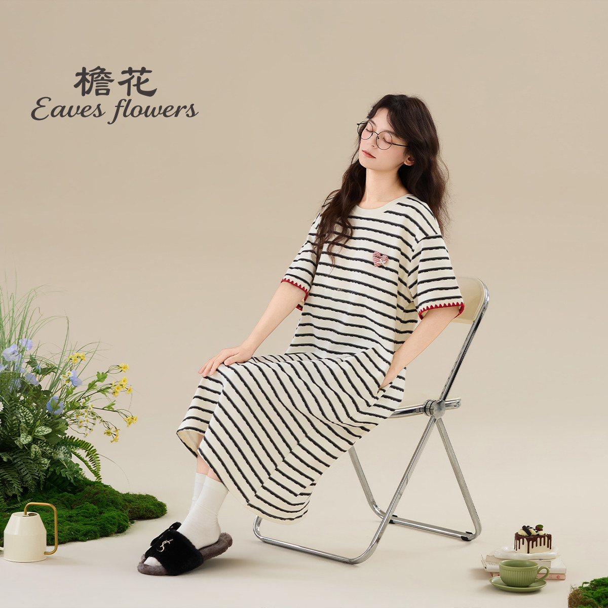 檐花纯棉睡裙女款带胸垫夏季长裙女士短袖睡衣秋春条纹长款有口袋