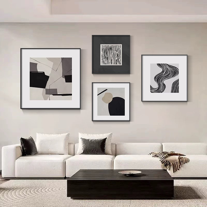 黑白灰抽象客厅沙发背景墙装饰画高级感餐厅组合挂画简约现代壁画