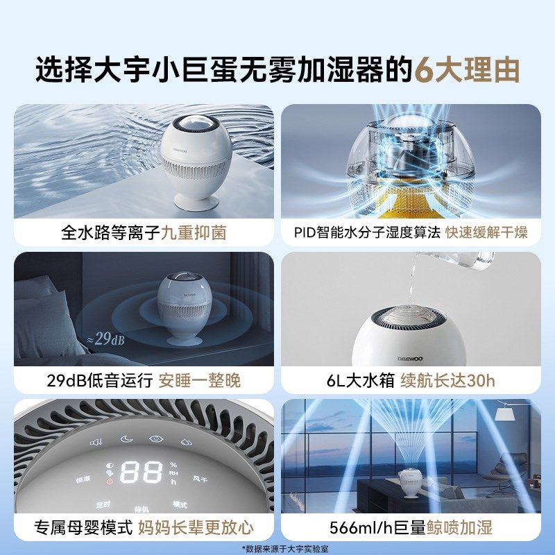 大宇无雾加湿器家用客厅卧室孕妇婴儿空调供暖静音2024新款大容量