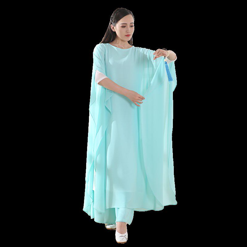 禅舞服装女白色禅服仙女连衣裙二件套中国风茶服文艺网袖升级长裙