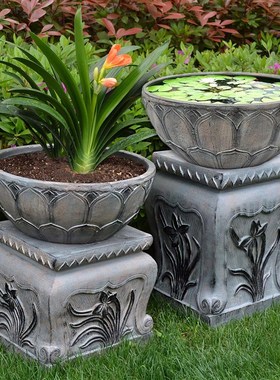 户外草坪花园石墩石凳仿古柱花缸中式庭院阳台院子装饰布置摆件