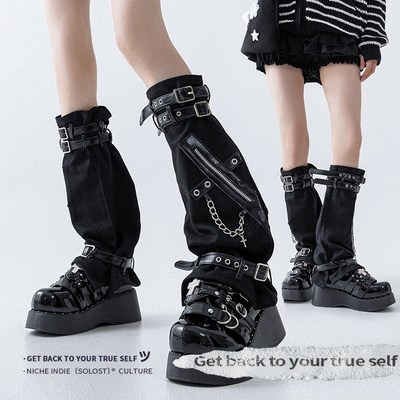 Solost 黑色牛仔拉链腿套女秋冬亚文化y2k皮扣绑带微喇机能风袜套