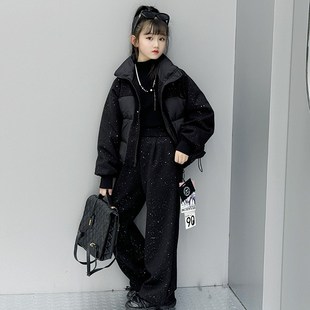 女童冬季棉衣套装童装新款毛呢拼接外套直筒裤两件套满天星短款袄