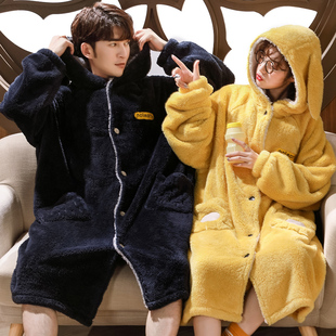 秋冬季睡衣女可爱睡裙加长款珊瑚绒睡袍男士加绒加厚情侣浴袍套装